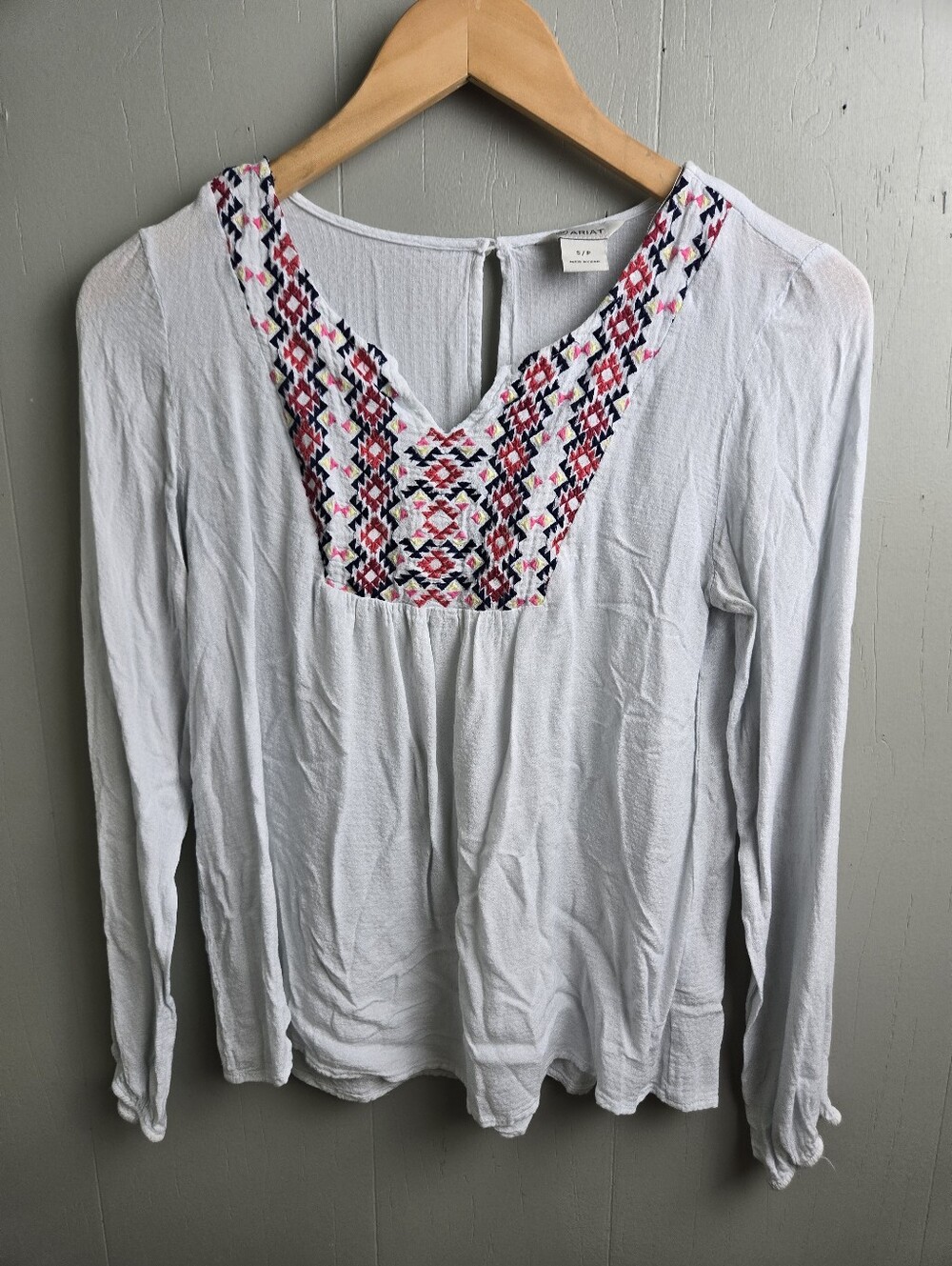 Ariat Tunic Blouse Womens S/P White Embroidered V-Neck Long Sleeve Lightweight
